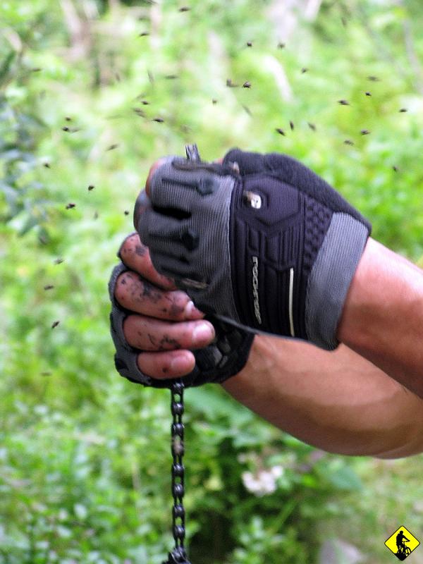 foto 061.jpg - "Decathlon Boy" się tak naładował, że zaraz po restarcie zerwał łańcuch. W trakcie skuwania dorobił się własnej kolonii much, która towarzyszyła mu do Piwnicznej.